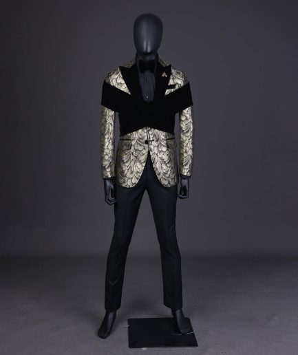 An “Octopus” Charcoal Black And Gold Splash, Peak Lapel Tuxedo Suit