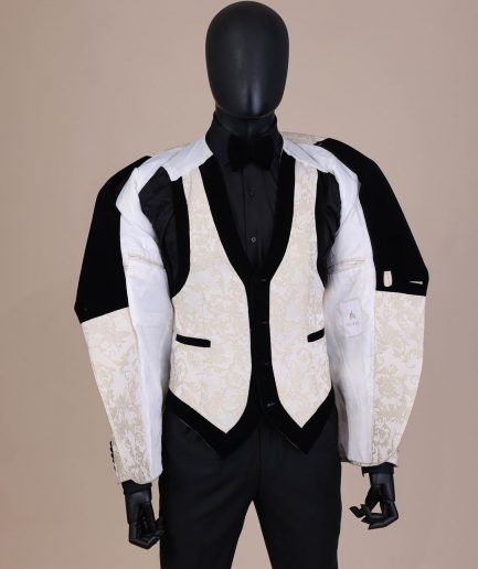 An Ivory white and Gold Floral patterned Peak lapel metallic jacquard tuxedo suit.