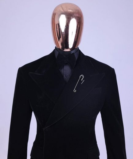 A reloaded monochrome “herd” charcoal black soaked velvet peak lapel wrap tuxedo suit
