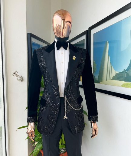 A Charcoal Black Peak Lapel Beaded Lace Tuxedo Suit