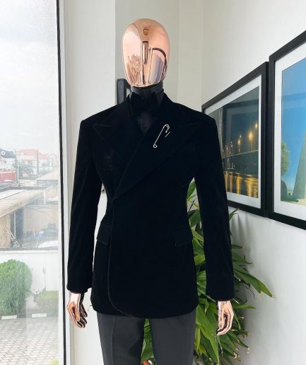 A reloaded monochrome “herd” charcoal black soaked velvet peak lapel wrap tuxedo suit