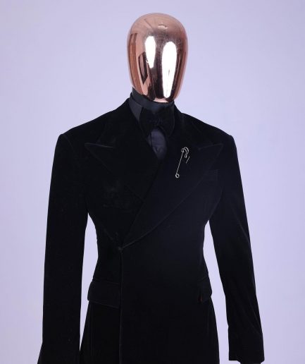 A reloaded monochrome “herd” charcoal black soaked velvet peak lapel wrap tuxedo suit