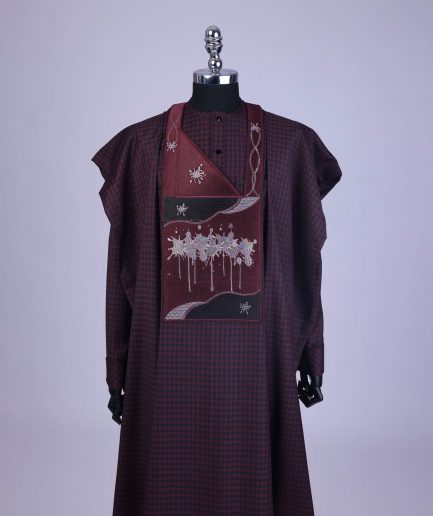 A Checkered burgundy & black, painters Splash embroidery details agbada, long sleeve kaftan & sokoto
