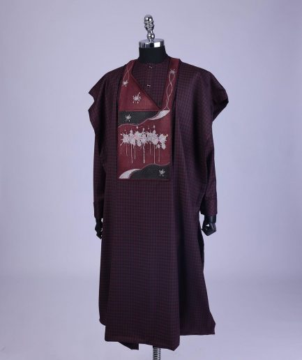A Checkered burgundy & black, painters Splash embroidery details agbada, long sleeve kaftan & sokoto