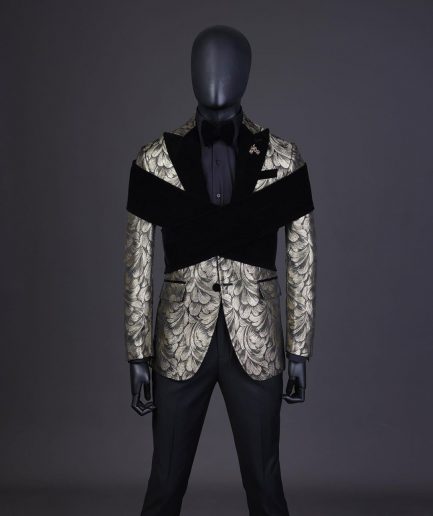 An “Octopus” Charcoal Black And Gold Splash, Peak Lapel Tuxedo Suit