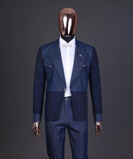A Navy blue denim and jacquard mix notch lapel jacket