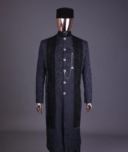 A floral midnight blue “wakanda” with L metallic embroidery, trench jacquard safari suit