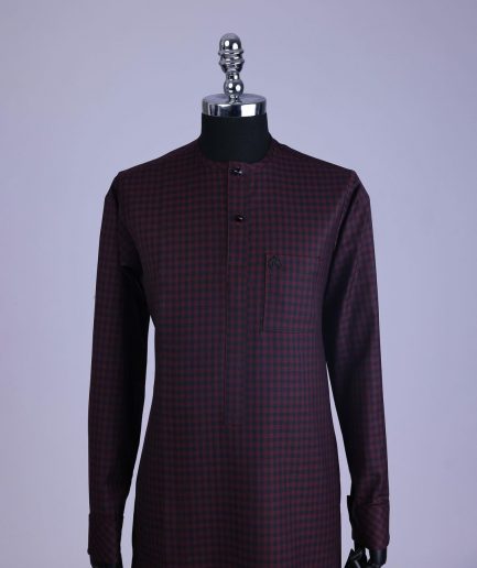 A Checkered black and burgundy with black Swarovski button detailing kaftan and sokoto