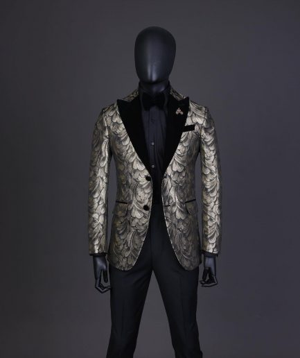 A Charcoal Black And Gold Splash, Peak Lapel Tuxedo Suit