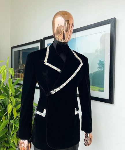 A reloaded monochrome “herd” charcoal black soaked velvet peak lapel wrap tuxedo suit