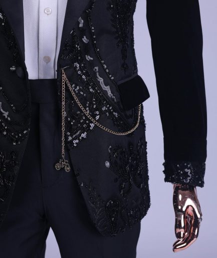 A Charcoal Black Peak Lapel Beaded Lace Tuxedo Suit