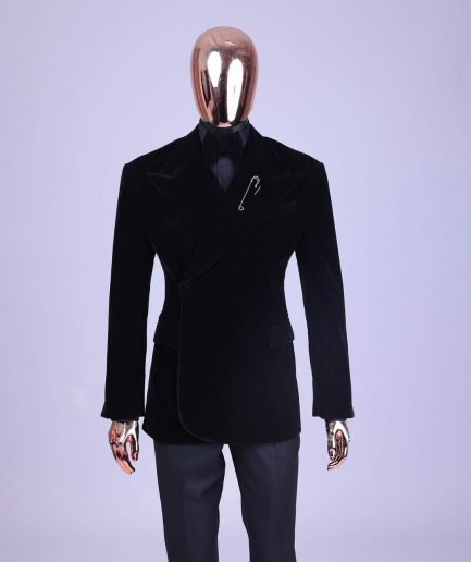 A reloaded monochrome “herd” charcoal black soaked velvet peak lapel wrap tuxedo suit