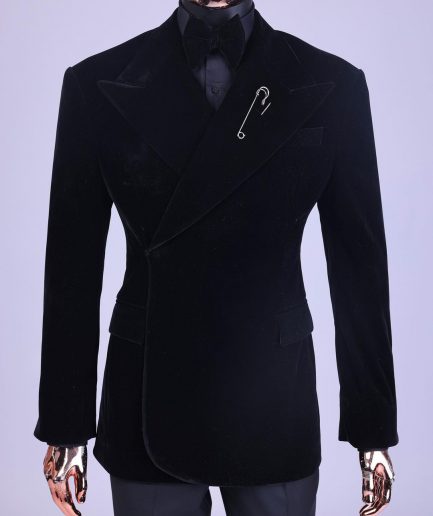 A reloaded monochrome “herd” charcoal black soaked velvet peak lapel wrap tuxedo suit