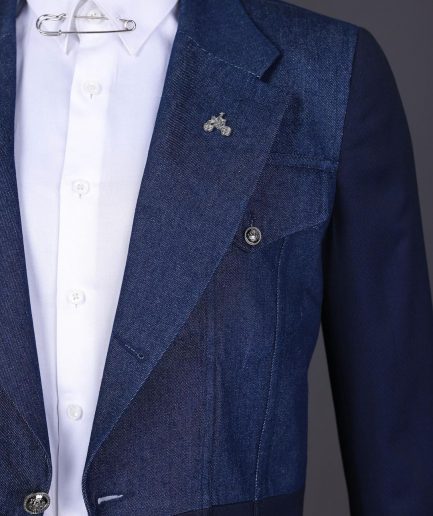 A Navy blue denim and jacquard mix notch lapel jacket