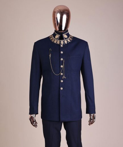 A navy blue, “wakanda” embroidery square patterned metallic jacquard safari suit