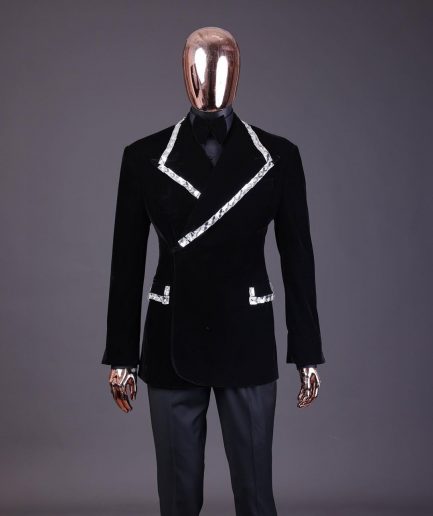 A reloaded monochrome “herd” charcoal black soaked velvet peak lapel wrap tuxedo suit