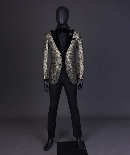 A Charcoal Black And Gold Splash, Peak Lapel Tuxedo Suit