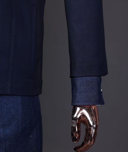 A Navy blue denim and jacquard mix notch lapel jacket