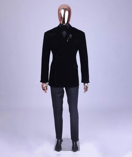 A reloaded monochrome “herd” charcoal black soaked velvet peak lapel wrap tuxedo suit