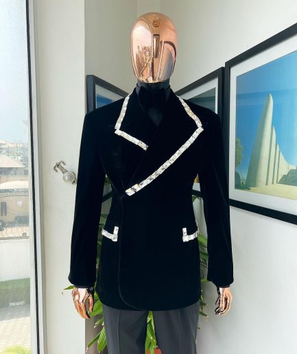 A reloaded monochrome “herd” charcoal black soaked velvet peak lapel wrap tuxedo suit