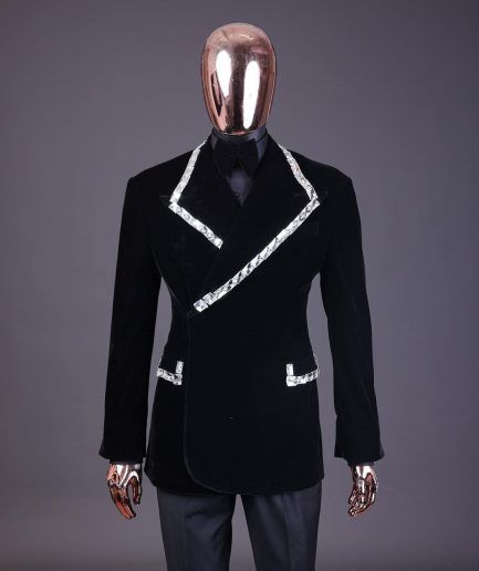 A reloaded monochrome “herd” charcoal black soaked velvet peak lapel wrap tuxedo suit