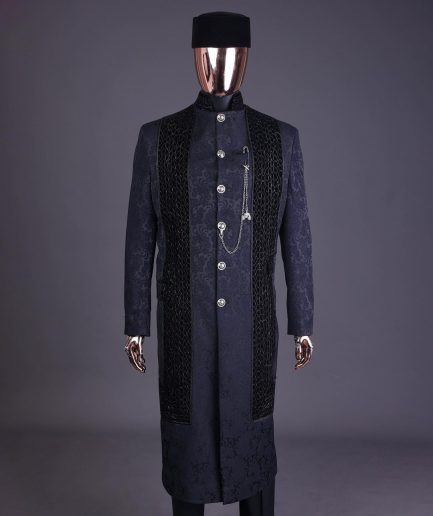 A floral midnight blue “wakanda” with L metallic embroidery, trench jacquard safari suit