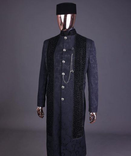 A floral midnight blue “wakanda” with L metallic embroidery, trench jacquard safari suit