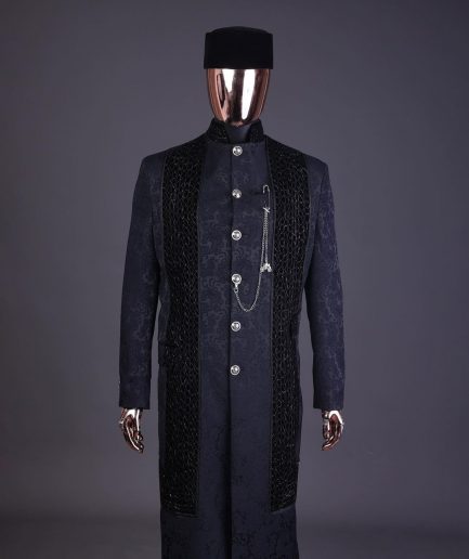 A floral midnight blue “wakanda” with L metallic embroidery, trench jacquard safari suit