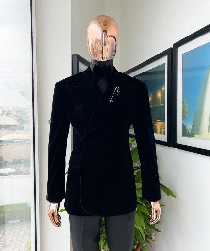 A reloaded monochrome “herd” charcoal black soaked velvet peak lapel wrap tuxedo suit