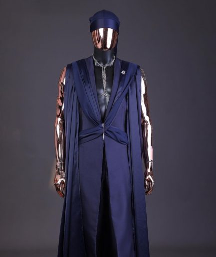 A “Mr Money” navy blue, deconstructed veil on trench silk peak lapel jacket