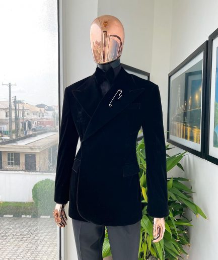 A reloaded monochrome “herd” charcoal black soaked velvet peak lapel wrap tuxedo suit