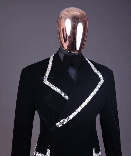 A reloaded monochrome “herd” charcoal black soaked velvet peak lapel wrap tuxedo suit