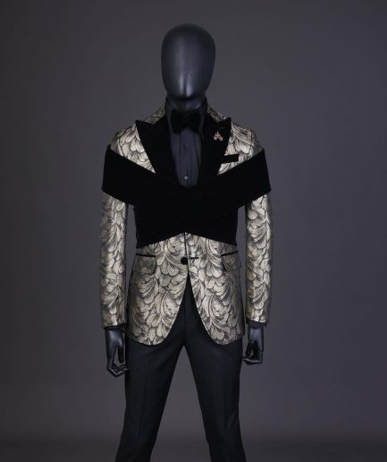 An “Octopus” Charcoal Black And Gold Splash, Peak Lapel Tuxedo Suit