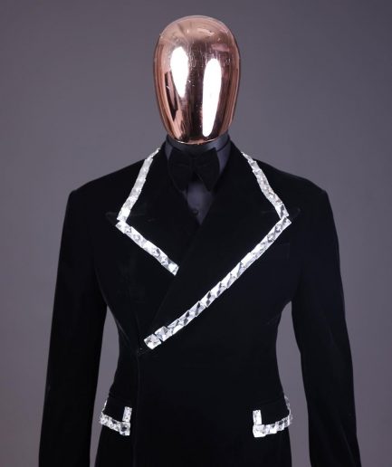 A reloaded monochrome “herd” charcoal black soaked velvet peak lapel wrap tuxedo suit