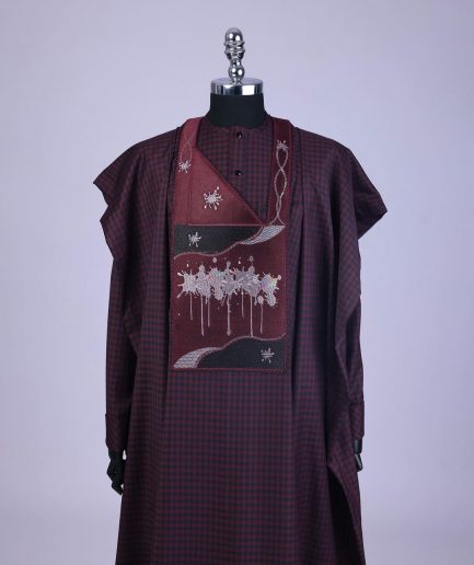 A Checkered burgundy & black, painters Splash embroidery details agbada, long sleeve kaftan & sokoto