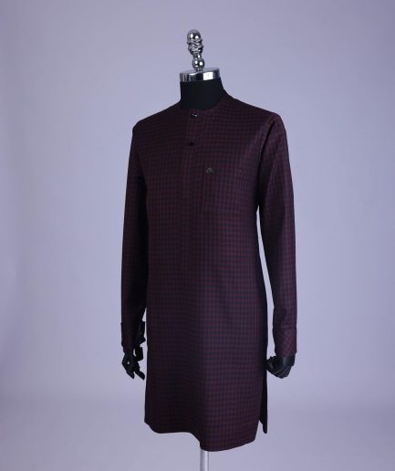 A Checkered black and burgundy with black Swarovski button detailing kaftan and sokoto