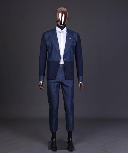 A Navy blue denim and jacquard mix notch lapel jacket