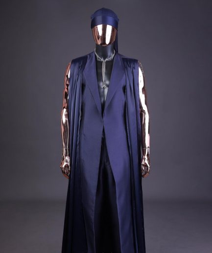 A “Mr Money” navy blue, deconstructed veil on trench silk peak lapel jacket