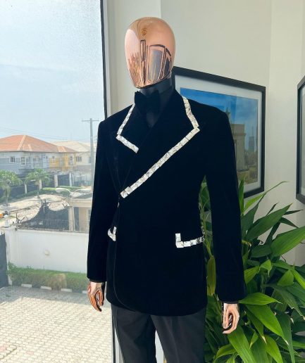 A reloaded monochrome “herd” charcoal black soaked velvet peak lapel wrap tuxedo suit