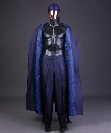 A “Mr Money” navy blue, deconstructed veil on trench silk peak lapel jacket