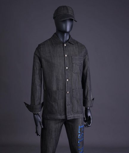 A Branded black greyscale, denim shirt jacket