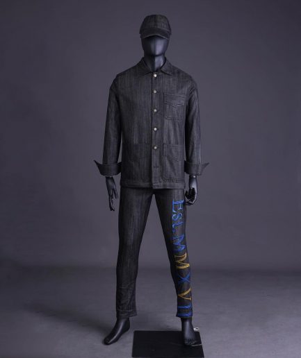 A Branded black greyscale, denim shirt jacket