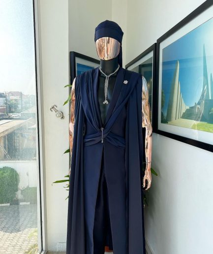 A “Mr Money” navy blue, deconstructed veil on trench silk peak lapel jacket