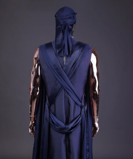 A “Mr Money” navy blue, deconstructed veil on trench silk peak lapel jacket