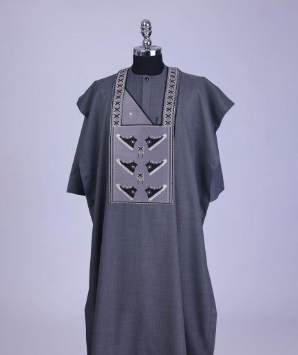 An Iron Grey, stepping all stars metallic wire embroidery details agbada