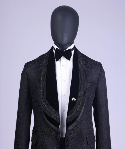 A Charcoal Black “Quad-Shawl” Lapel Tuxedo Jacquard Suit