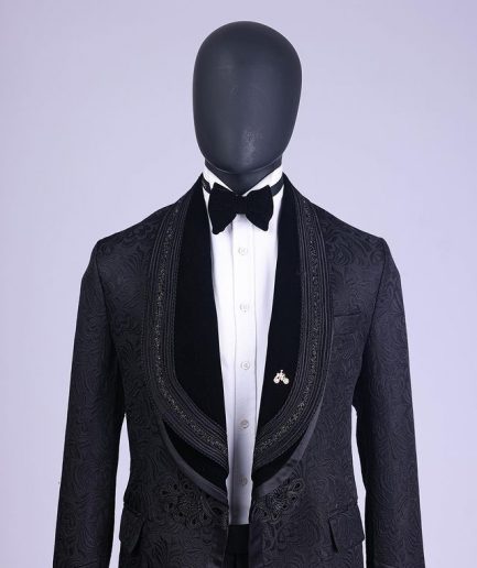 A Charcoal Black “Quad-Shawl” Lapel Tuxedo Jacquard Suit