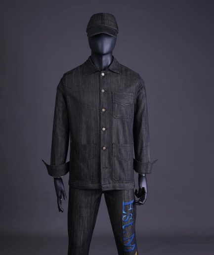 A Branded black greyscale, denim shirt jacket