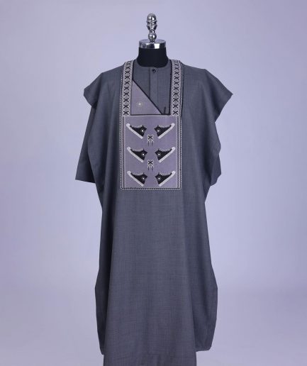 An Iron Grey, stepping all stars metallic wire embroidery details agbada