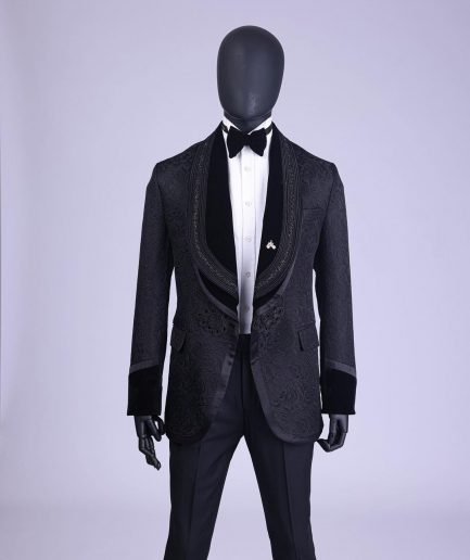 A Charcoal Black “Quad-Shawl” Lapel Tuxedo Jacquard Suit